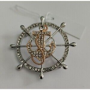 Ships Wheel & Anchor  Silver And Gold Color With Rhinestones 1.5" Dia. Brooch